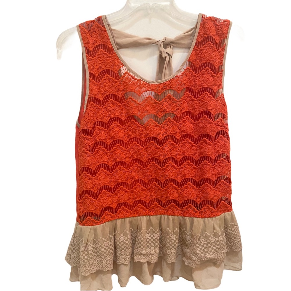 Ryu Orange Lace Overlay Tank with Beige Ruffle Hem